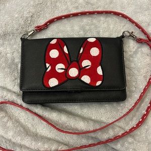 Disney Minnie Embroidered Polka Dot Bow Cross Body Wallet w Removable Strap